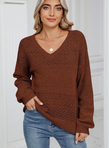 Image of JOCAFIYE Womens Sweaters Tops Fall V Neck Long Sleeve Sweater Casual Hollow Out Pullover Sweaters for Women Red Brown XXL