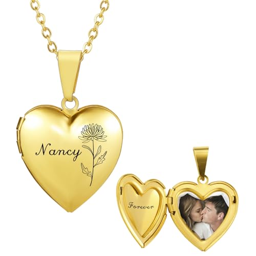 INBLUE Personalizado Relicario Collar para Mujeres Grabado Nacimiento Flor & Nombre Acero Inox Redondo/Corazón/Oval Relicario Collar con Foto/Texto Joyería Regalo para Novia (Corazón - Oro)