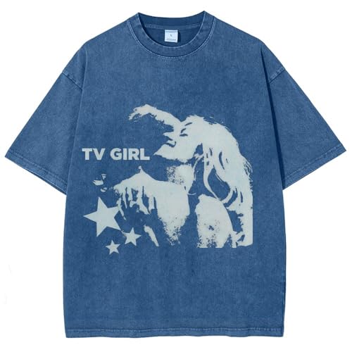 Vintage Wash TV Girl Graphic T-Shirt Oversized Heavyweight Cotton Streetwear Tee 260GSM Relaxed Fit Unisex Shirt Denim Blue