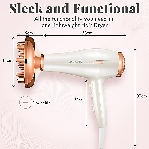 Lily England Hair Dryer with Diffuser for Curly Hair - 1800w Diffuser Hairdryer with 3 Heat Settings, 2 Speeds & Cool Shot Blow Dryer - Hairdryers for Women, White & Rose Gold - Image 7