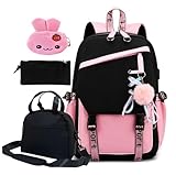 Nmkopzy 4 Pcs Girls School Backpack Kids Bookbag with Lunch Box and Case,17 Inch Teen Girls Boys Pink Backpacks for Primary Middle School