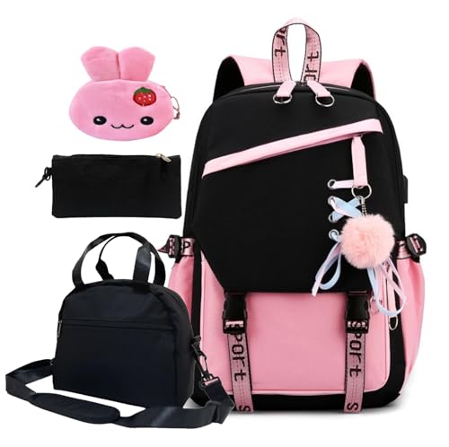 Nmkopzy 4 Pcs Girls School Backpack Kids Bookbag with Lunch Box and Case,17 Inch Teen Girls Boys Pink Backpacks for Primary Middle School