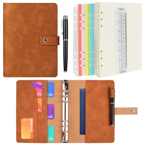 ANOMM Caderno A5 com Argolas de Couro Sintético, Cadernos Bonitos Recarregáveis com Grelha de Pontos A5, Bolsos Interiores e Separador de Índice, Agenda de Poupança para Viagens, Trabalho, Escola