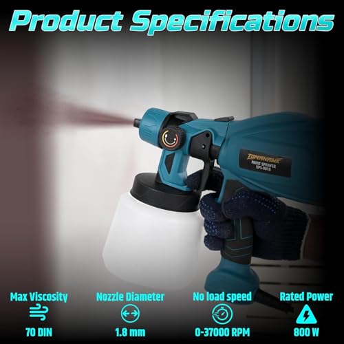 Image of Tomahawk EPS-9018 Heavy-Duty 800W Electric Paint Sprayer | 37000 RPM Motor, 3 Nozzles (1.5 /2.0 /2.5mm), 1000ml Tank, HVLP Spray Gun with Flow Control for Walls, Furniture & DIY Projects