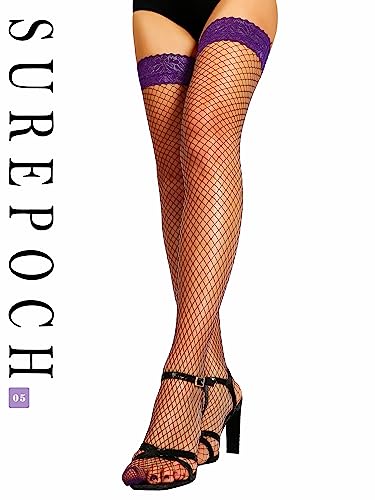 Image of SUREPOCH Lace Top Fishnet Thigh High Stockings Silicone Top Stay Up Tights for Women