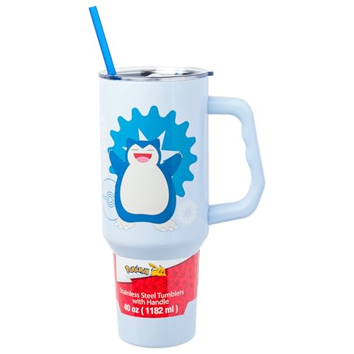 Image of Silver Buffalo Pokemon Double Walled Stainless Steel Tumbler with Handle Featuring Snorlax, Fits in Standard Cup Holder, 40 Ounces