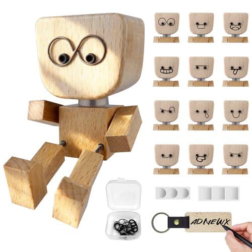 ADNEWX Statuetta oscillante in legno, fatta a mano, con 12 espressioni magnetiche del viso e portachiavi in legno per casa, decorazione auto, regali creativi