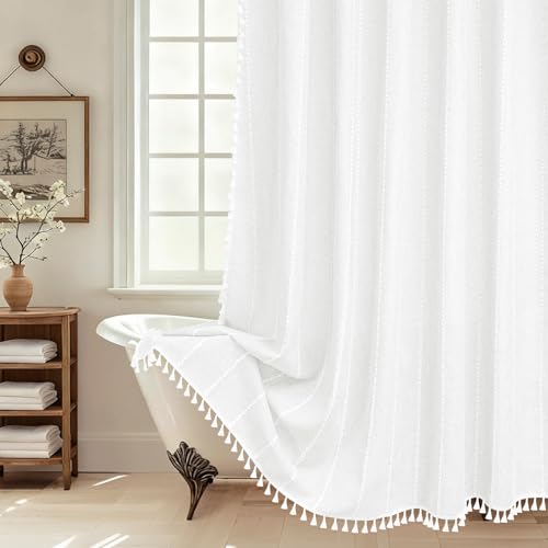 Boho Chic Thick Shower Curtain with Tassels, White Linen Farmhouse Fabric Shower Curtain French Country, 72 x 72 Inch Elegant Striped Water Repellent Shower Curtains for Bathroom White 72"W