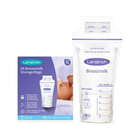 Lansinoh Breast Milk Storage Bags Breastmilk Pouches for fridge or freezer use, store flat or standing, BPA and BPS free, pre-sterilised, double zipper seal, Pack of 25 Cover