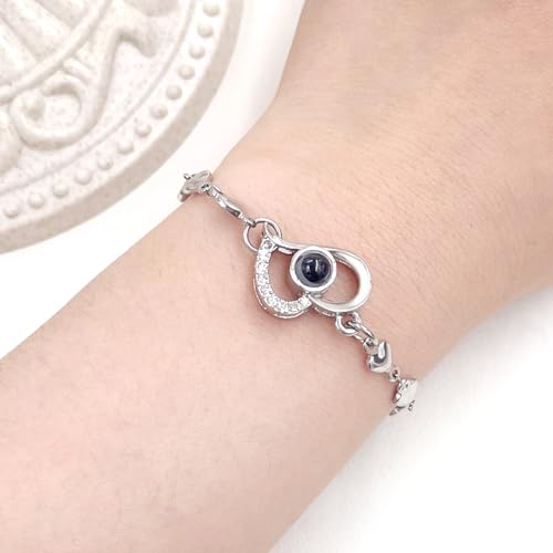 Image of Uloveido Cute Stainless Steel Heart Link Chain Bracelet | 100 Different Languages I Love You Projection Bracelets for Women Girls