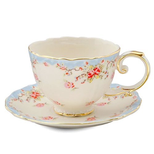 Gracie China Vintage Blue Rose Porcelain 7-Ounce Tea Cup and Saucer Set of 4 - Thumbnail 2