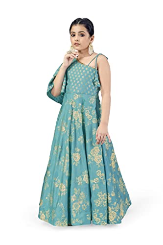 Image of Fashion Dream Girls Dola Silk Maxi Length One Shoulder Dress|Maxi Dress|Long Dress|Printed Dress|Printed Maxi Dress(Teal Blue 7-8 Year)