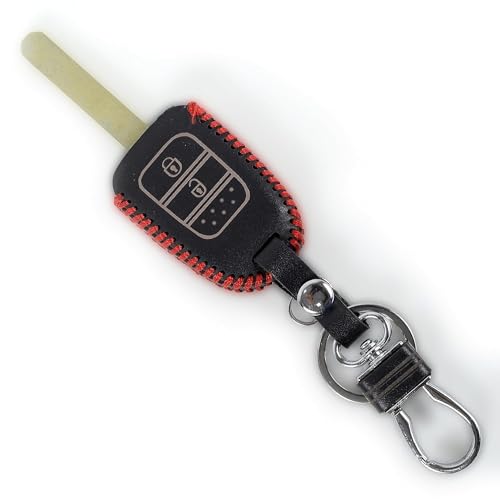 Image of Leather Car Key Cover with Key Chain for Honda City I-Vtech, I-Dtech (Black)