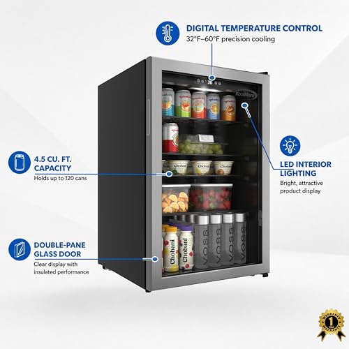 Image of KoolMore 20 Inch Beverage Refrigerator, 4.5 Cu. Ft. Fridge Cooler, 120 Can Glass Door Drink Fridge for Dorm, Bedroom, Office, Bar, Retail Display, ETL Listed