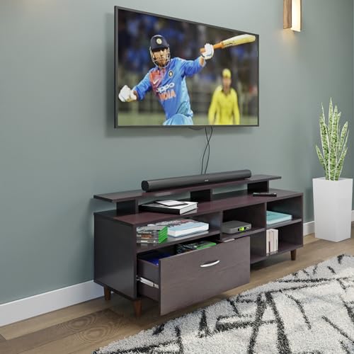 Image of VIKI Modern TV Unit for Living Room | Engineered Wood TV Cabinet with 1 Drawer Storage, 2 Open Shelves & Extension, Entertainment Unit, 140W x 48H x 40D cm | DIY | 1 Year Warranty (Wenge)