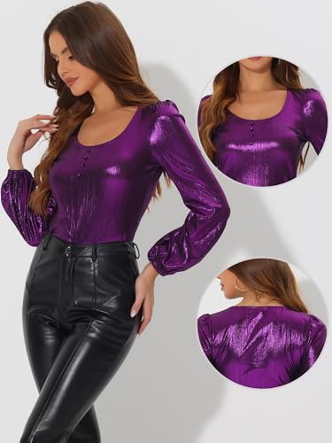 Image of Allegra K Metallic Blouse for Women's Sparkly Party Club Shiny Bishop Sleeve Disco Glitter Tops