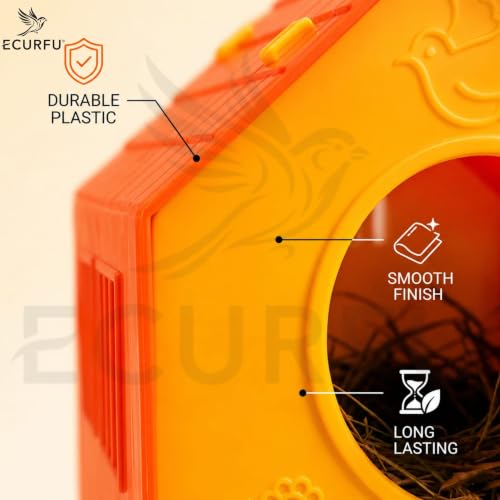Image of Ecurfu Sparrow House for Balcony & Garden | Hanging Bird Nest with Feeding Tray | Bird House for Sparrows & Small Birds (Orange & Yellow)