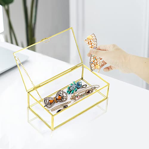 Vevitts 8" Copper Golden Vintage Glass Lidded Box, Large Decorative Jewelry Keepsake Display Clear Glass Box, Rings Bracelet Golden Organizer #TOP7