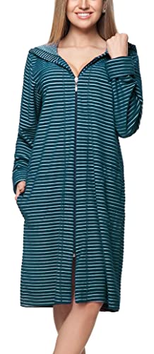 Aquarti Damen Bademantel Morgenmantel mit Reißverschluss Streifen Kurz Baumwolle, Farbe: Streifenmuster Smaragdgrün, Größe: XXL