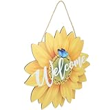 TEHAUX 木製ひまわり玄関装飾サイン 蝶と向日葵のみ合わせで幸運と幸福を象徴 軽量で簡単取り付け可能 ポーチや屋内外の壁掛けに