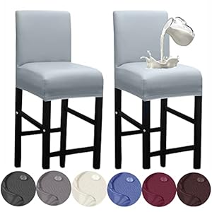 HFCNMY Bar Stool Covers,2 Pack Stretch Waterproof PU Bar Stool Covers with Backs Bar Stool Chair Covers Barstool Covers Slipcovers with Back Pub Counter Stool Chair Cover Light Gray