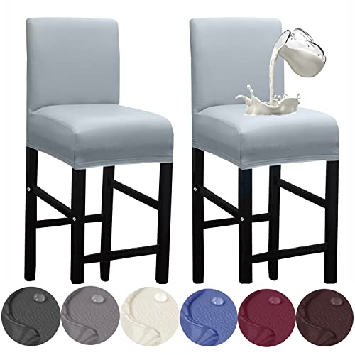 HFCNMY Bar Stool Covers,2 Pack Stretch Waterproof PU Bar Stool Covers with Backs Bar Stool Chair Covers Barstool Covers Slipcovers with Back Pub Counter Stool Chair Cover Light Gray