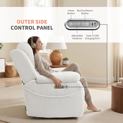 Image of EONIX Real Zero Clearance Wall Hugger Power Recliner Chair with Adjustable Headrest for Small Spaces, RV, Living Room, Bedroom, 24.4'' Seat Width, 400lbs Heavy Duty, SXXY017992, Corduroy, Cream White