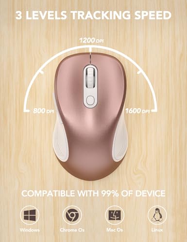 Image of Trueque Wireless Mouse for Laptop, 2.4GHz Ergonomic Computer Mouse with Back & Forward Buttons, 3 Adjustable DPI Levels, 6 Buttons, Optical USB Cordless Mice for Windows PC, M01 (Rose Gold)