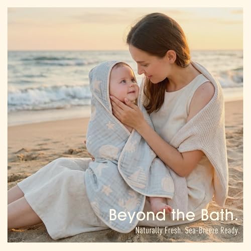 Image of Ultra-Soft Muslin Baby Hooded Towel - 32 x 32 Inches, Ideal for Bath & Beach, Suitable for Both Boys & Girls from Newborns to Toddlers