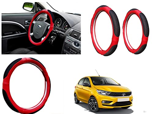 Image of Microfiber Car Steering Wheel Cover, Soft Padding Great Hand Feel, Anti-Slip, Faux Leather Steering Cover for Tata Tiago 2020 | Black Red Jali - Pack of 1