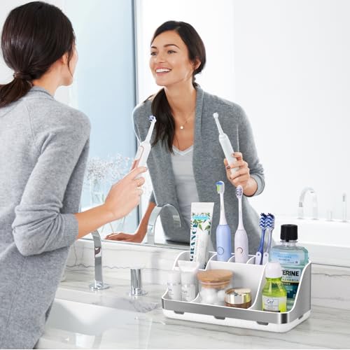 GFWARE Toothbrush Holders for Bathrooms Countertop Organizer - Kids Electric Toothbrush and Toothpaste Holder Detachable 7 Slots Tooth Brush Organization Bathroom Accessories Storage Vanity, Silver