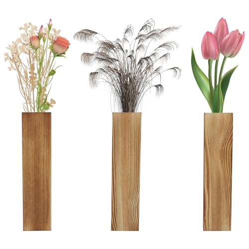 HENGBIRD Lot de 3 vases muraux, en bois, modernes, pour plantes d'intérieur, décoration d'intérieur, dimensions intérieures : 2,5 x 5,6 x 29,5 cm, pots de...