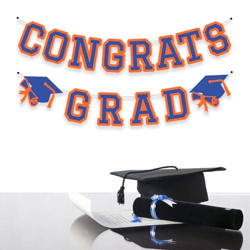 Image of Congrats Grad Banner Graduation Party Banner Decoration Hanging Garland High School College Backdrop Supplies Blue Orange