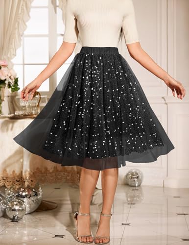 DRESSTELLS Tulle Skirts for Women, Sequin Midi Aline Pleated Elastic High Waist Long Flowy Fairy Mesh Halloween Skirt2