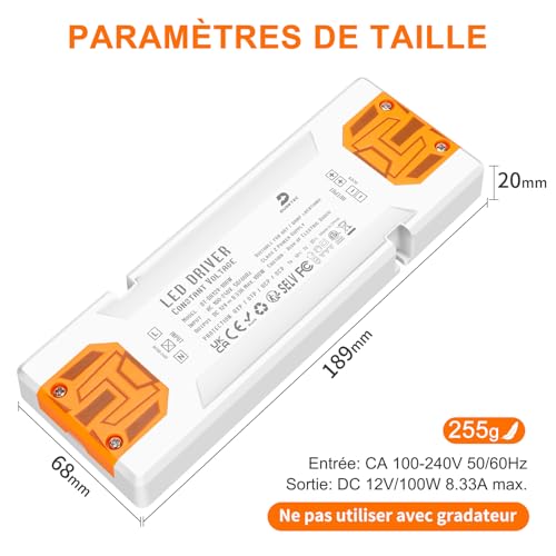 Transformateur 220V 12V extra plat de 100W ultra slim