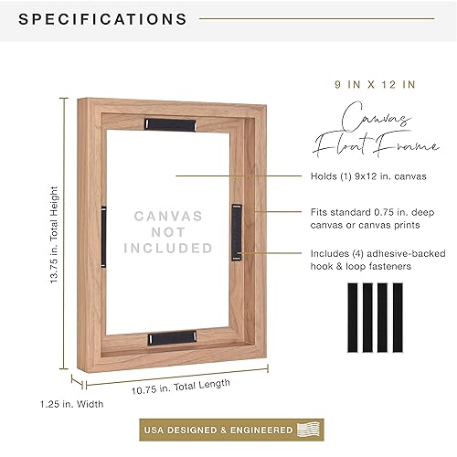 Image of MCS Canvas Float Frames 9x12 Frame, Walnut Wood Grain for Finished Canvases, Vertical & Horizontal Wall Hanging Large with Adhesive for Canvas Paintings (1-Pack)