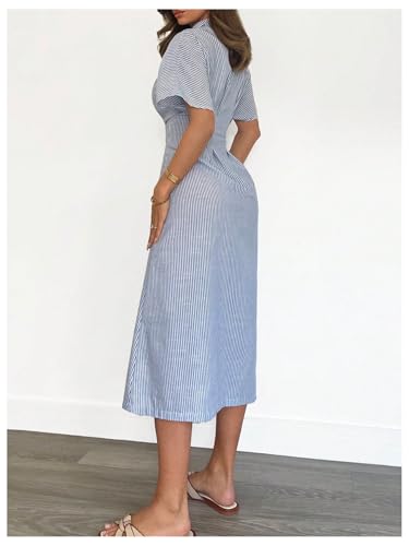 MakeMeChic Women's Summer Striped Button Down Shirt Dress Short Sleeve Midi Dresses3