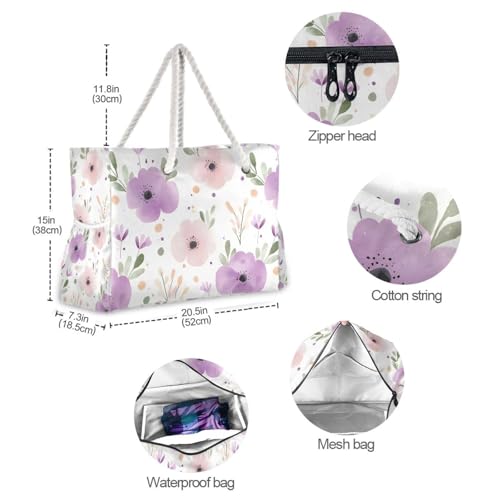 Floral Beach Bag - Large Tote Bags for Women Flower Shoulder Bags Zipper Waterproof Sandproof for Travel Gym Swim 5
