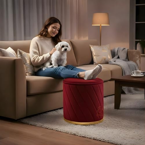 Image of Luxury Round Velvet Ottoman Stool with Gold Base - Modern Upholstered Footrest Pouffe, Tufted Vanity Seat, Living Room Bedroom Dressing Stool (Maroon)