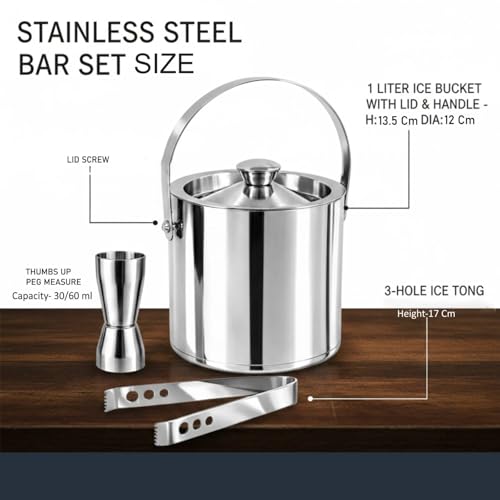 Image of finality Premium Stainless Steel Ice Bucket with Tongs and Jigger - 1 Litre Double Walled Insulated Ice Box for Bar, Home & Parties (Silver Mirror IB + Tong + Jigger)