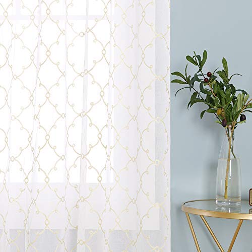 Deconovo Top Ring Diamond Embroidery Net Curtains Semi Transparent Curtains Faux Linen Sheer Curtains for Living Room 55 x 94 Drop Inch Linen 2 Panels โ image 1