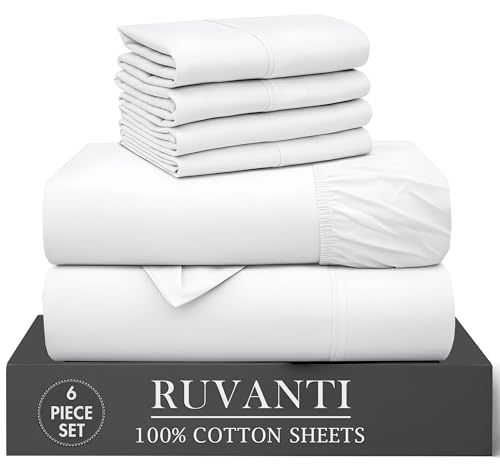RUVANTI 6 Pcs Cotton Sheets - 100% Natural Cotton Soft, Lightweight & Breathable Crispy Percale Bed Sheets, King Size Sheets Set 16' Deep Pockets, Bright White