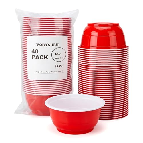 voryshen 12oz Small Red Plastic Bowls Disposable Microwave Safe Fruit Snack Compostable Soup Salad Great for Lunch Dinner Meals Birthday and New year Holiday Party Supplies 40PCS