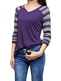 Allegra K Women's Striped T-Shirt Color Block Long Raglan Sleeve V Neck Baseball Tee Shirt Top Medium Purple