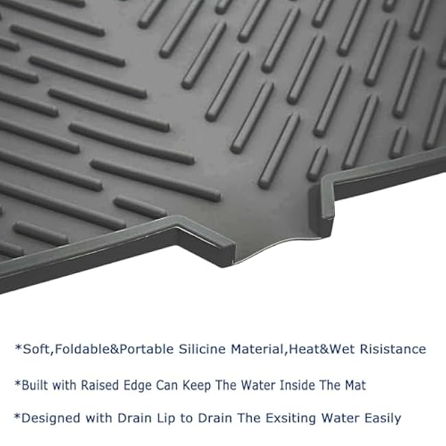 Silicone Dish Drying Mat with Raised Edge and Drain Lip,large silicone Drying Pad for kitchen counter draining mat,easy to clean and easy to be folded,portable,soft and heat resistant