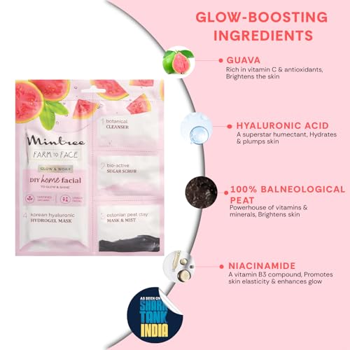 Image of Mintree Guava Brightening Home Facial Kit for De-Tan, Skin Radiant Glow & Intense Hydration with Korean Sheet Mask Collagen and European Peat Clay | Anti-Aging Skincare Facial kit for Women & Men for Glowing Skin