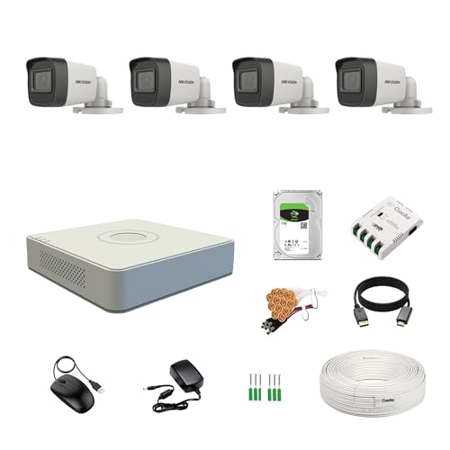 Image of HIKVISION 4 Channel DVR with 5MP 4 Bullet Cameras with Audio Recording (Day /Night Vision) + 1TB HDD + Cable Roll (1+3) + 4 CH Power Supply + BNC & DC Full Combo Kit