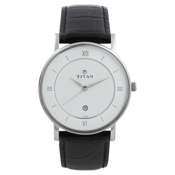 Image of T tan Round Analog Watch with White Dial, Black Leather Strap, Roman Numeral Markers, Date Display, Stainless Steel Case