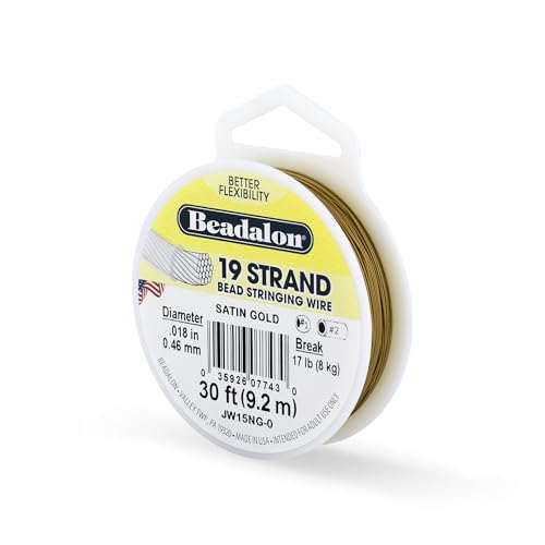 Beadalon Bead Stringing Wire - .018 in / .46 mm, Satin Gold, 30ft / 9.2m
