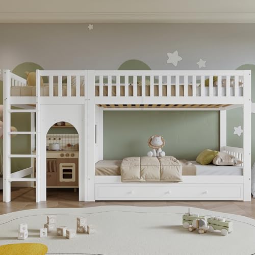 Raeln Litera de Estilo Moderno como Cama Alta con Superior e Inferior de 90x200 cmen Madera Maciza con Escalera y Barandillas para Habitaciones de los Adolescentes en su hogar